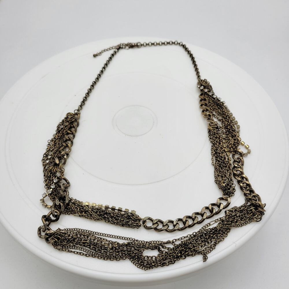 Vtg Layered Chain Necklace 28" Gold Tone Beaded Rhinestone Accent Rustic Rocker